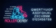 Roller derby glowing neon sign and alphabet. Roller skates competition symbol in neon style.