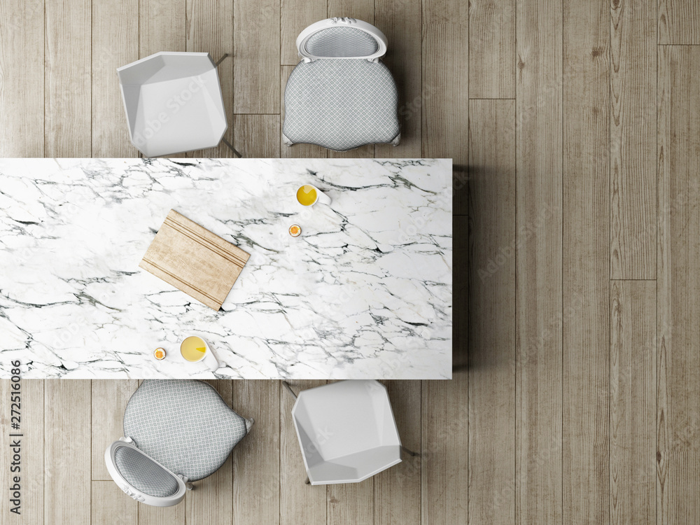 Dining room top view on marble table 3d render, 3d illustration Stock ...