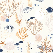 Doodle Seamless Pattern With Corals, Fishes, Starfishes, Spots And Dots. Vector Hand Drawn Illustration.