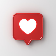 Poster - 3d social media notification neon light like heart icon in red speech bubble pin isolated on white wall background with shadow 3D rendering