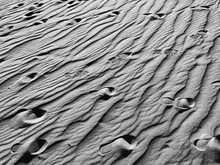 Black And White Shot Of Footprints In Desert Sand Dune