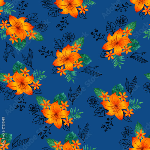 Seamless pattern yellow  flower with green leaf