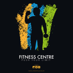 Wall Mural - Fitness Club Banner with man on the color grunge style background.