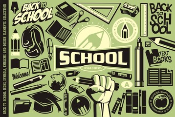 Wall Mural - Back to school set of icons, logos, symbols, emblems and design elements