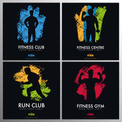 Wall Mural - Set of Fitness Club Banners with man on the color grunge style background.