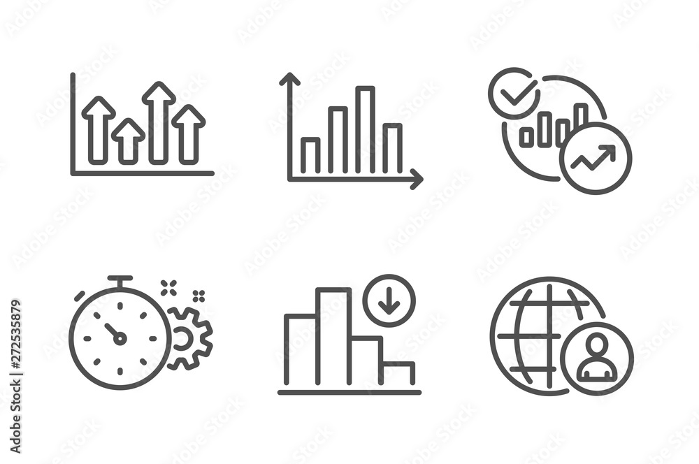 decrease graph icon on circle line. statistic concept... Diagram graph, Cogwheel timer and Upper arrows icons simple set ...