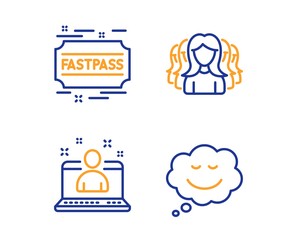 Best manager, Fastpass and Women group icons simple set. Speech bubble sign. Best developer, Entrance ticket, Lady service. Comic chat. Linear best manager icon. Colorful design set. Vector