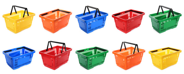 Sticker - Set of different plastic shopping baskets on white background