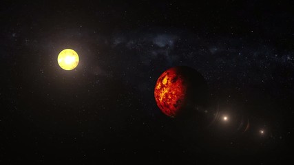 Wall Mural - Red planet and flaming star proximity burnout, science fiction animation of rotating orbit in planetary system. Contains public domain image by Nasa