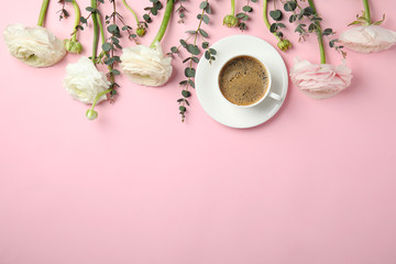 Sticker - Flat lay composition with spring ranunculus flowers and cup of coffee on color background. Space for text