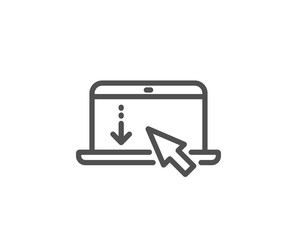 Scroll down laptop line icon. Scrolling screen sign. Swipe page. Quality design element. Linear style scroll down icon. Editable stroke. Vector
