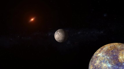 Wall Mural - Planet orbit in planetary system proximity to exploding supernova, science fiction animation. Contains public domain image by Nasa