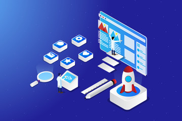 Wall Mural - web development isometric creative illustration vector of graphic , small people in web development 