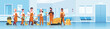 © mast3r - janitors team cleaning service concept mix race cleaners in uniform working together with professional equipment hospital reception interior flat full length horizontal copy space
