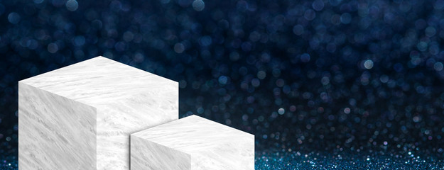 Aufkleber - Product display stand made from white glossy marble in two step on dark blue bokeh sparkle background have copy space for display of content or design,Banner for advertise product on website