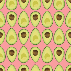 Seamless pattern sliced avocado with seed on pink background, Vector illustration