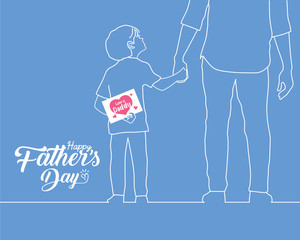 Happy Father's Day copy space. Hand drawn cartoon son holding father's hand with a card written text 