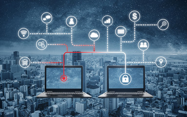 Internet and online network security system. Laptop computer hacking, and stealing data from computer laptop,