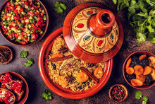 Traditional Moroccan Tajine Of Chicken With Dried Fruits And Spices.