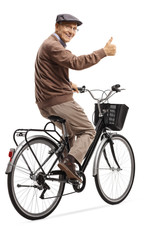 Canvas Print - Cheerful elderly man on a bicycle giving thumbs up