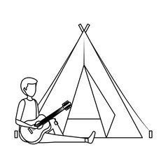 Wall Mural - young man playing guitar with camping tent