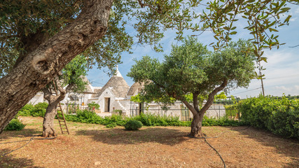 Trulli of the Itria valley. Details in the sky. Puglia, Italy.