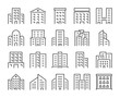 Building icon. Offices, school, hospital, City constructions line icons set. Editable stroke, 64x64 Pixel perfect.