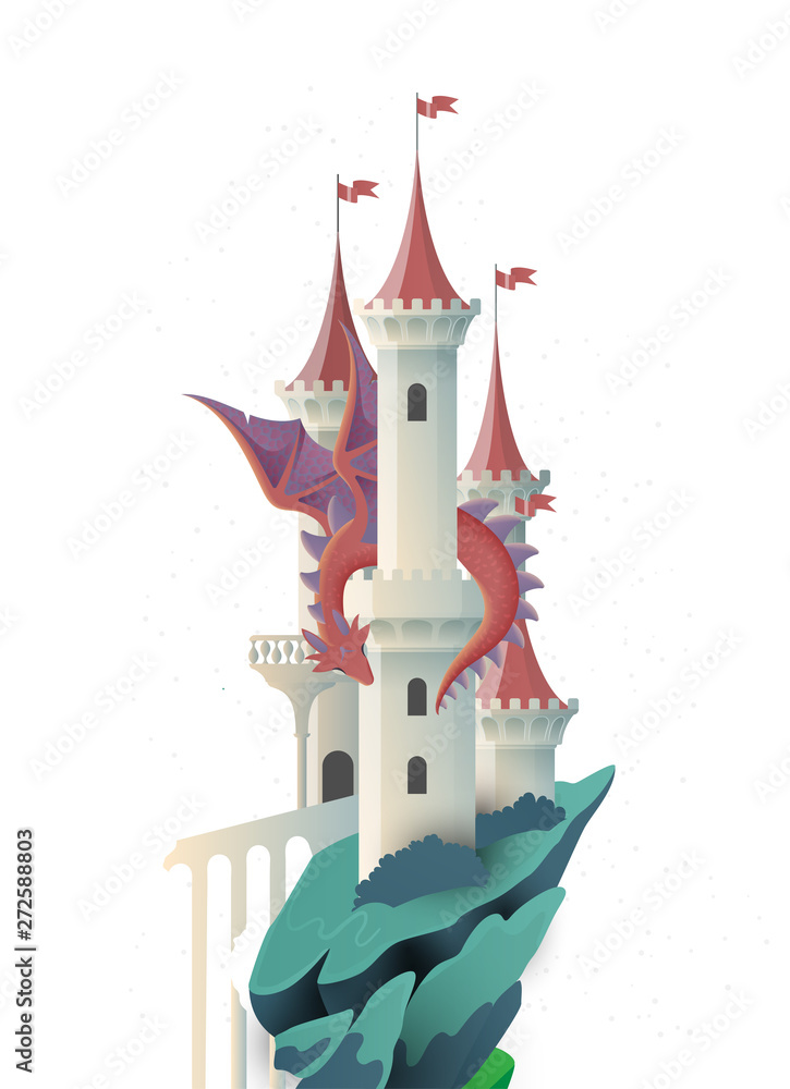 Book cover fairy tale illustration castle and dragon Stock Vector ...