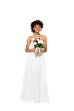 Happy African American Bride Holding Bouquet Isolated On White