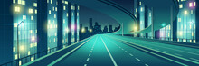 Night Metropolis Empty, Four-lane, Illuminated With Street Lights Speed Highway, Town Freeway With Overpass Or Bridge In Above Going To Skyscrapers Buildings On Horizon Cartoon Vector Illustration