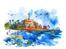 Water View Landscape - Mediterranean Sea, Watercolor. Old Town And Port Of Jaffa And Tel Aviv City, Israel