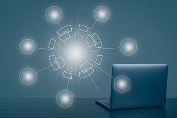 Wall Mural - abstract technology web background. global network connection. laptop on wooden table and white empt