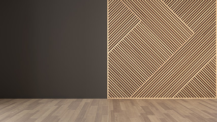 Empty room with wooden panel, parquet floor. Gray wall background with copy space. Minimalist zen interior design concept idea, modern architecture template