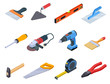 Repair tool isometric. Handyman construction tools paint kit repair home drill craftsman 3d isolated vector set. Illustration of repair tool construction, equipment industry hammer and handsaw