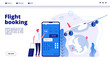 Flight booking. Online budget travel booking in internet plane flights reservation vacation holiday vector travelling service concept. Illustration of booking flight for travel by plane