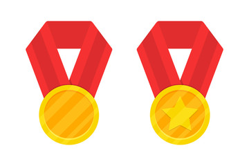 Wall Mural - golden award medal with red ribbon. vector illustration