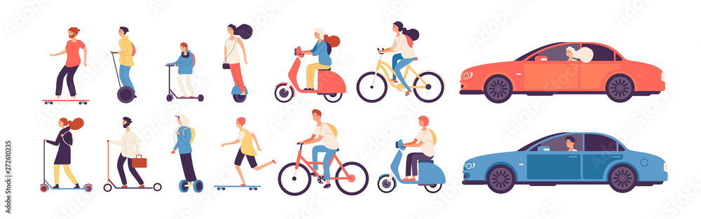 People riding. Man woman with electric vehicles ride motorbike skateboard scooter skate car bicycle roller gyroscooter vector set. Electric car and bicycle riding, vehicle and motorbike illustration - obrazy, fototapety, plakaty 