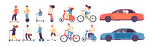 People Riding. Man Woman With Electric Vehicles Ride Motorbike Skateboard Scooter Skate Car Bicycle Roller Gyroscooter Vector Set. Electric Car And Bicycle Riding, Vehicle And Motorbike Illustration