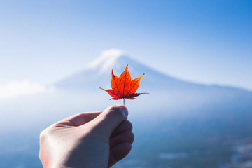 hand holding a colorful maple leaf with mount fuji as the backdrop view at observation deck near the