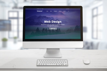 Wall Mural - Responsive web site presentation on computer display. Office desk with keyboard and mouse. Web site flat design.