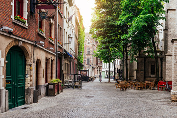 Old street of the historic city center of Antwerpen (Antwerp), Belgium. Cozy cityscape of Antwerp. Architecture and landmark of Antwerpen