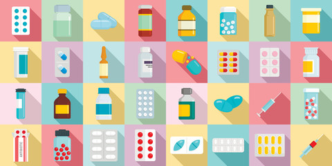 Sticker - Antibiotic icons set. Flat set of antibiotic vector icons for web design