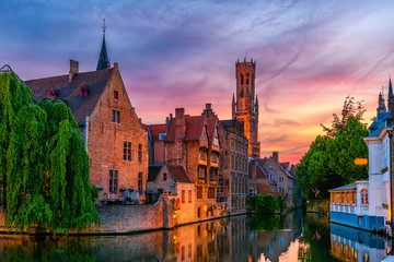 Wall Mural - classic view of the historic city center of bruges (brugge), west flanders province, belgium. sunset