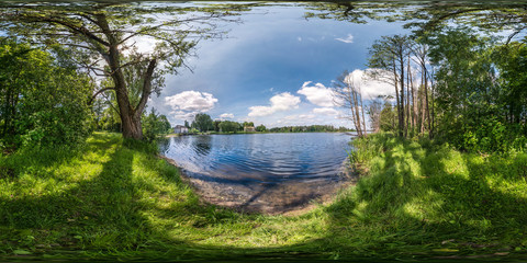Wall Mural - full seamless spherical hdri panorama 360 degrees angle view on precipice of wide river in deciduous
