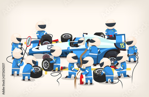 Fotografía Colorful image with pit stop workers and engineers wearing blue uniform maintaining technical service for a racing car during competition event