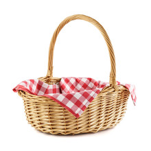 Empty Wicker Basket With Red Checkered Tablecloth For Picnic.