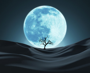 Wall Mural - Silhouette of a Lonely Tree Against Big Blue Moon. Abstract Background. 3D illustration