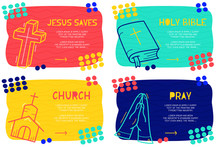 Abstract Landing Page Pattern With Different Element, Text Block And Doodle Holy Bible, Pray, Cross, Church Icon. Vector Fun Background