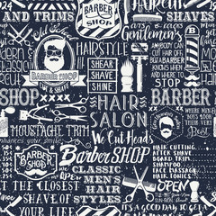 Barber shop elements and icons patchwork abstract vintage vector seamless pattern 