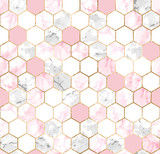 Seamless abstract geometric pattern with gold lines, pink and gray marble hexagons